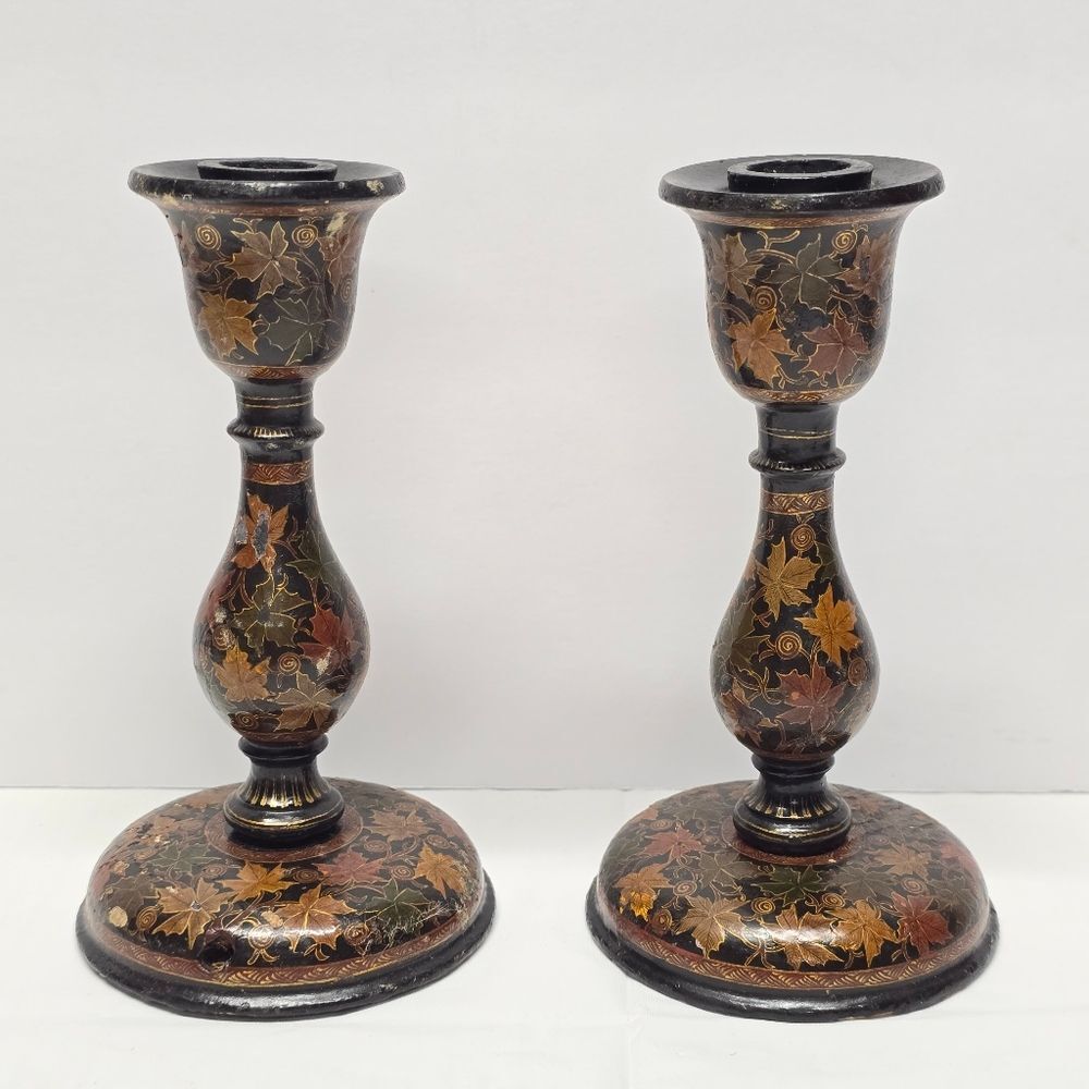 Antique Kashmiri Floral Handpainted Lacquered Candlestick / Lamp Base Set Of 2
